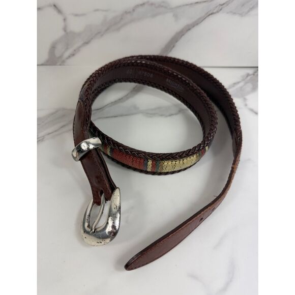 Brighton Brown Leather Woven Belt Size L Multicolor Inlay Silver Tone Buckle main image 7